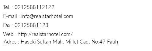 Real Star Hotel telefon numaralar, faks, e-mail, posta adresi ve iletiim bilgileri